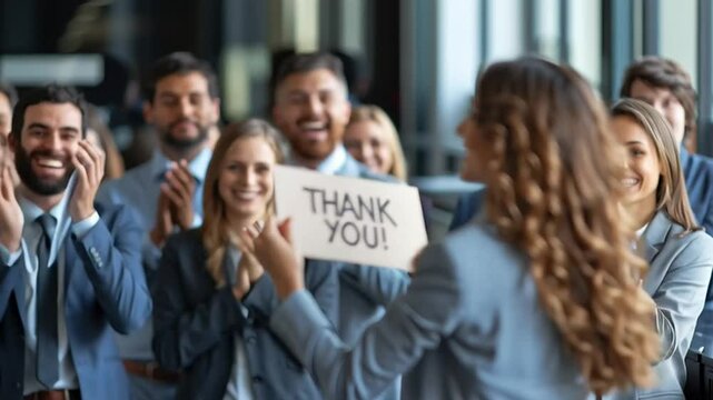 Gratitude Expressed: An appreciative team celebrates with a handwritten "thank you" sign, illustrating the warm dynamics of gratitude and acknowledgment in a professional setting.