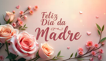 Feliz Dia de la Madre Greeting Card with Pink Roses and Romantic Floral Background