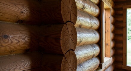 Intricate Log Cabin Corner Detail:  Precisely Crafted Wooden Joints and Window Frame
