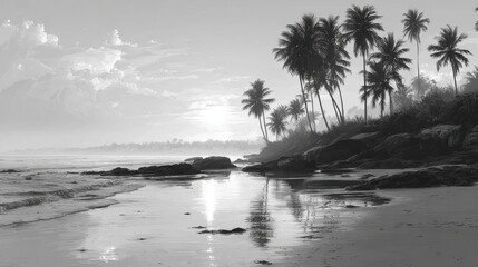 Monochrome tropical beach background with soft sun reflections