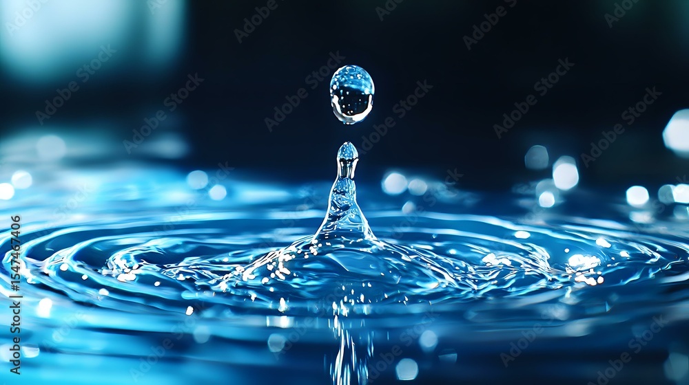 Poster water drop splash creating crown shape with concentric ripples on blue surface, frozen moment of liq