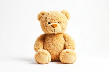 Obraz premium A soft, plush teddy bear sitting on a white isolate background, perfect for children's decor and gifts.