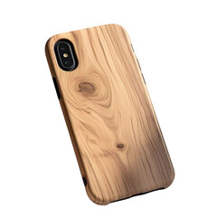 A close up of a wooden phone case with a camera cutout on a black background in a studio setting