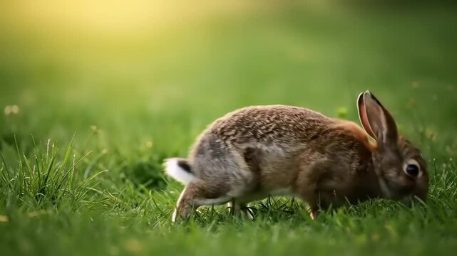 Brown rabbit hopping across lush green grass in a serene park during golden hour