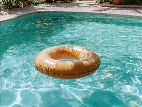 Inflatable ring floating in serene swimming pool backyard
