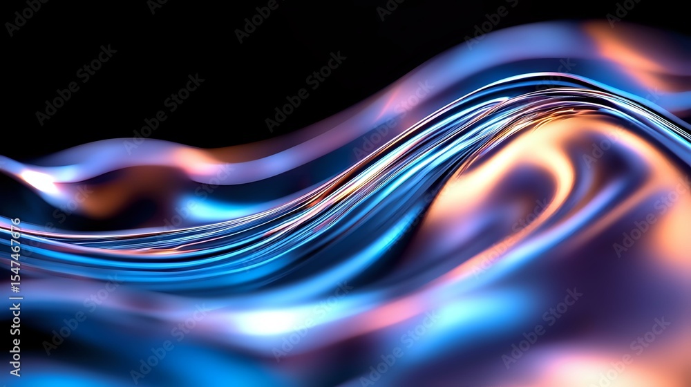 Poster flowing abstract waves in vibrant blue and orange colors create dynamic motion effect against dark b