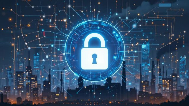 Strong cybersecurity, protecting industrial data from unauthorized access. Lock icon, factory silhouette in cityscape. Digital security, data privacy, network protection. 4k video