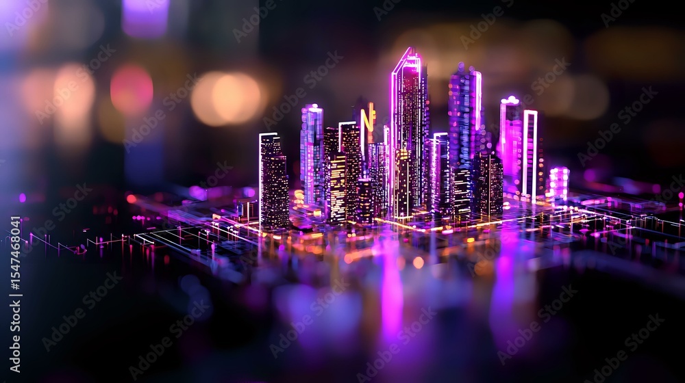 Poster futuristic cityscape with glowing purple neon skyscrapers reflecting in water at night, digital circ