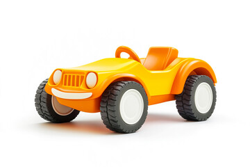 Bright orange toy car on a white isolated background, perfect for children's playtime and outdoor activities.