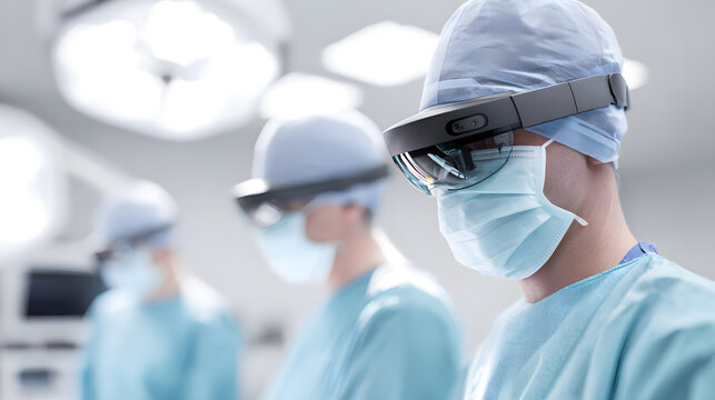Surgeon wearing AR glasses performing operation in hi-tech medical setting. Futuristic surgery team in sterile operating room using augmented reality glasses