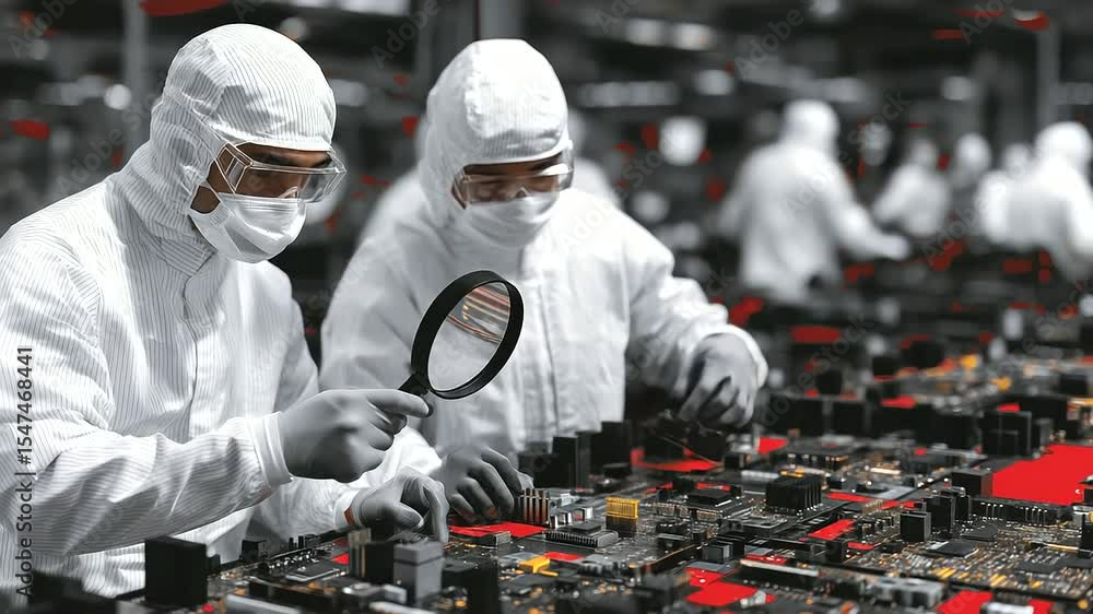 Poster circuit boards at various stages of assembly line, with engineers inspecting connections using magni