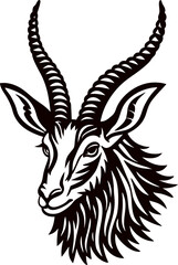Detailed black and white illustration of antelope head with long curved horns and textured fur