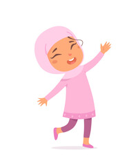 Happy girl in pink hijab and dress. Smiling Muslim child character with raised arms and closed eyes isolated on on white background, dancing or celebrating. Cartoon vector illustration.