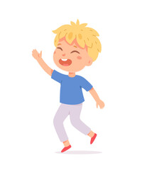 Happy boy with blonde hair in blue shirt and white pants. Smiling child character raising hand and dancing joyfully on white background. Cute vector illustration for kids themes.