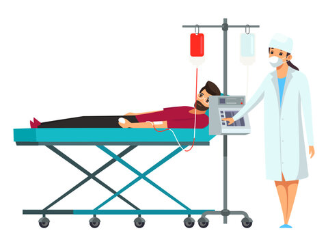 Blood donation scene. Male donor lying on medical bed with IV line, nurse operating blood collection machine. Healthcare and voluntary blood donate. Flat vector illustration.