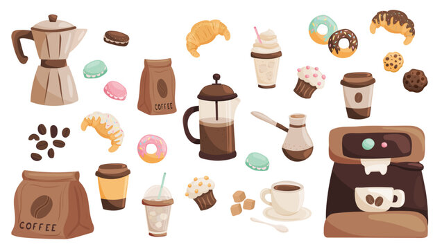 Vector element set with coffee items: coffee machine, cezve, french press, cups, mugs, beans, croissants, donuts, cupcakes, cookies and macarons on white background