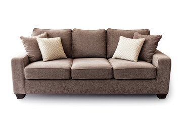Fototapeta premium Cozy brown couch with decorative pillows, perfect for living rooms or relaxation spaces, isolated on a white background.
