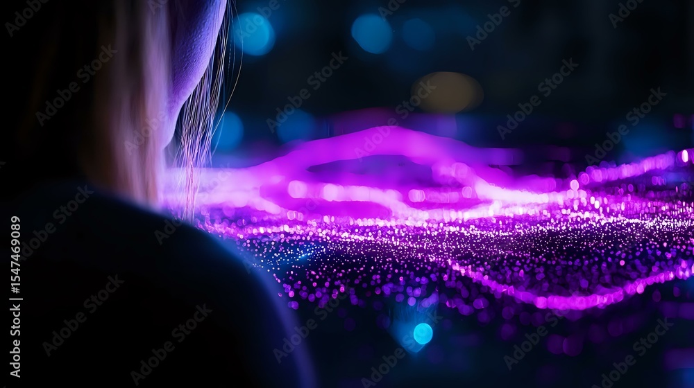 Poster glowing purple wave of particles with bokeh light effects on dark background creates magical atmosph