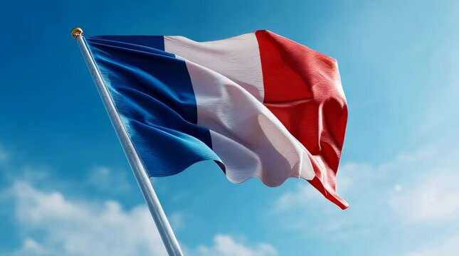The French flag flutters in the breeze against a bright blue sky, a symbol of France.