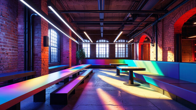 Modern industrial interior with colorful lighting and unique furniture design aesthetic