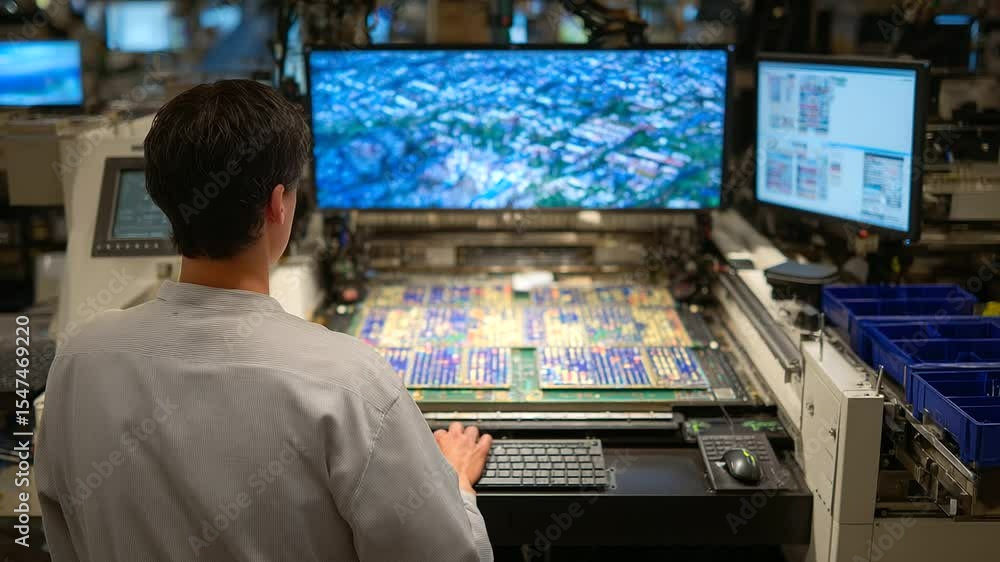 Poster technician operates precision placement machinery to integrate microchips on dense pcb panels, surro