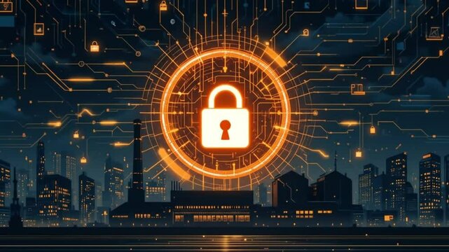 Strong cybersecurity, protecting industrial data from unauthorized access. Lock icon, factory silhouette in cityscape. Digital security, data privacy, network protection. 4k video