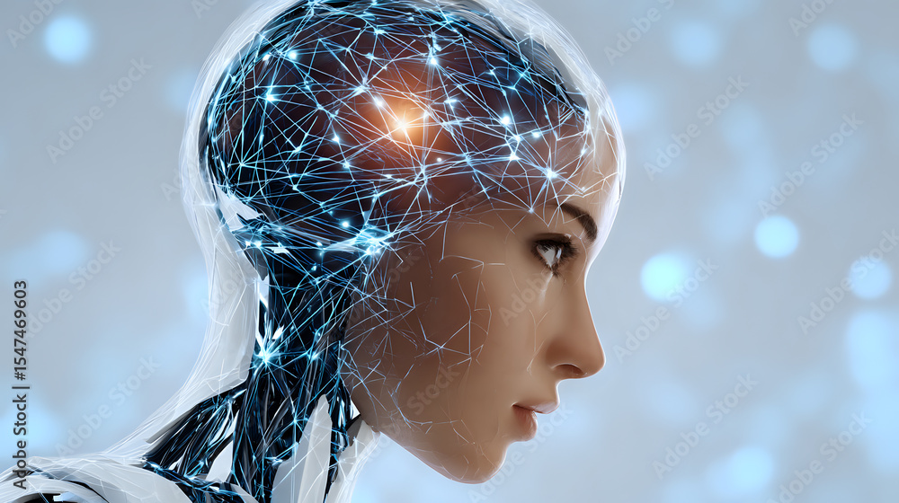 Poster futuristic female profile with glowing neural network pattern overlaid on head, representing artific