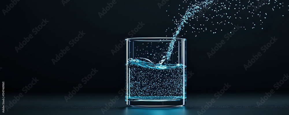 Poster glowing blue liquid splashing in glass container against dark background creates dynamic motion effe