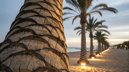 Palm tree trunk with repeating ring pattern and textured bark segments, beachside lighting