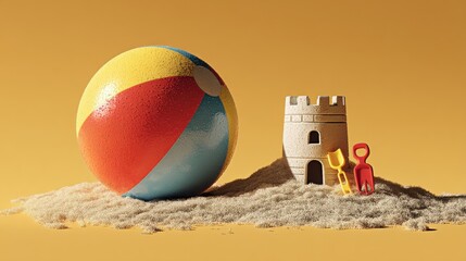 Rainbow-colored beach ball next to mini sandcastle tools