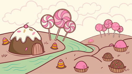 Whimsical candy land cartoon illustration. Sweet dessert landscape with chocolate house, lollipop trees, cupcakes, and river.