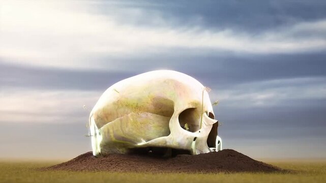 The aftermath of war. Flowers and plants growth on the human scull in the desert.