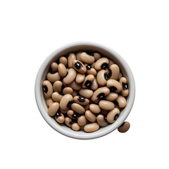 A top down view of a white bowl filled with black eyed peas on a solid black background space around it