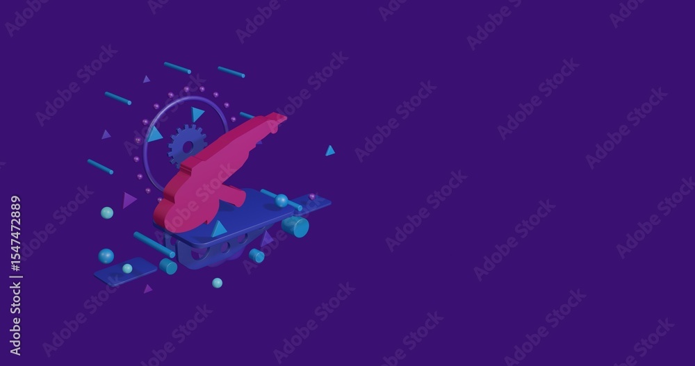 Poster pink angle grinder symbol on a pedestal of abstract geometric shapes floating in the air. abstract c