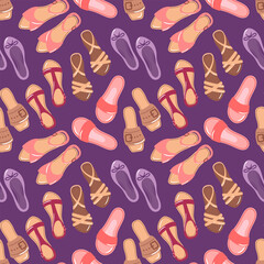 This seamless pattern showcases summer sandals on a dark background, featuring vibrant colors and stylish designs. Ideal for fashion-related projects, beachwear, or seasonal marketing materials.