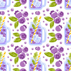 A seamless pattern featuring vintage glass drinking jars filled with blueberry drinks surrounded by fresh berries. This charming design conveys a rustic and refreshing summer vibe