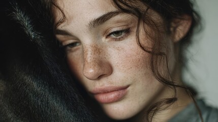 An intimate portrait of a beautiful woman with freckles gently embracing a dark horse.