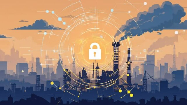 Strong cybersecurity, protecting industrial data from unauthorized access. Lock icon, factory silhouette in cityscape. Digital security, data privacy, network protection. 4k video