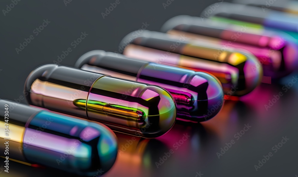 Poster metallic iridescent capsule pills in row showing holographic rainbow effect on dark surface, macro p