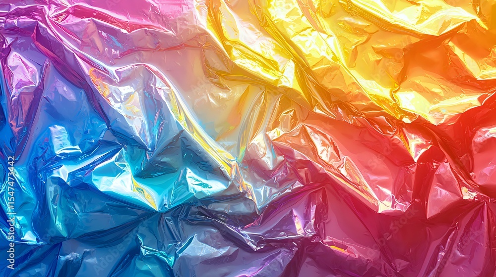 Poster vibrant crumpled foil texture with rainbow gradient colors from blue to yellow and red, creating dyn