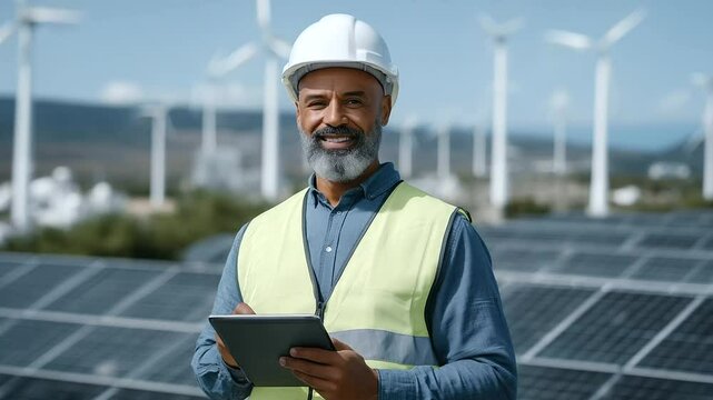 Engineer in high-vis vest and hard hat stands confidently with tablet, inspecting rows of solar panels gleaming under the sun, with wind turbines spinning in the background, symbol