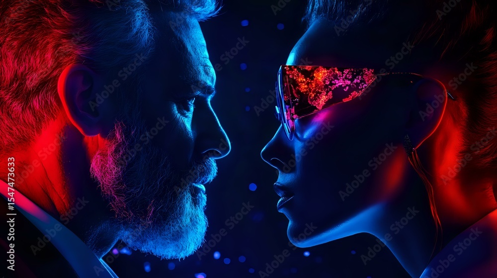 Poster dramatic side profile portrait of couple in neon lighting with red and blue color scheme creating my