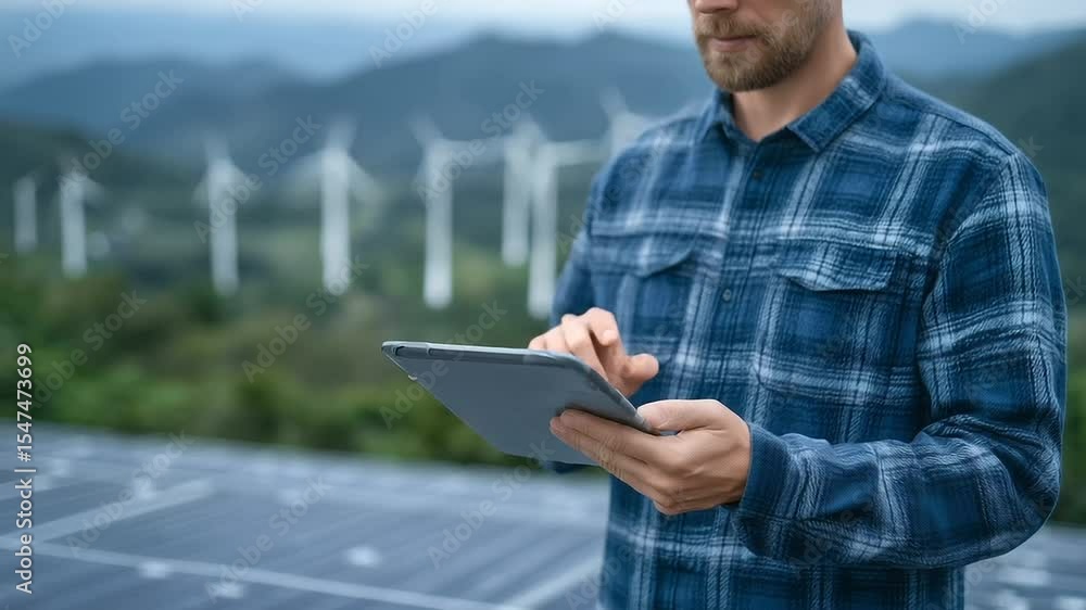 Poster close-up of an engineer holding a digital tablet, analyzing data while surrounded by massive solar p