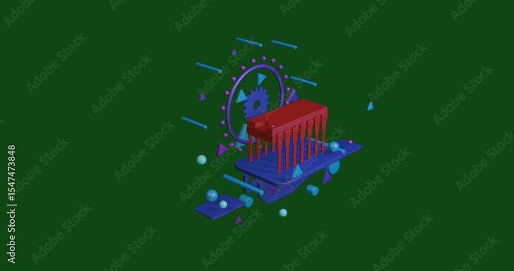 Aufkleber red integrated circuit symbol on a pedestal of abstract geometric shapes floating in the air. abstra
