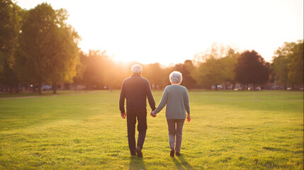 Happy senior couple walking hand in hand through a green park at sunset, romantic elderly love, active aging lifestyle, rear view