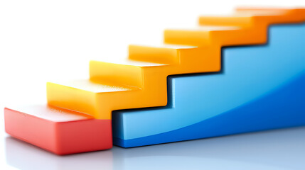Colorful ascending stair steps in orange, pink and blue on white background illustrating growth, progress and success concepts. Isolated geometric shapes.
