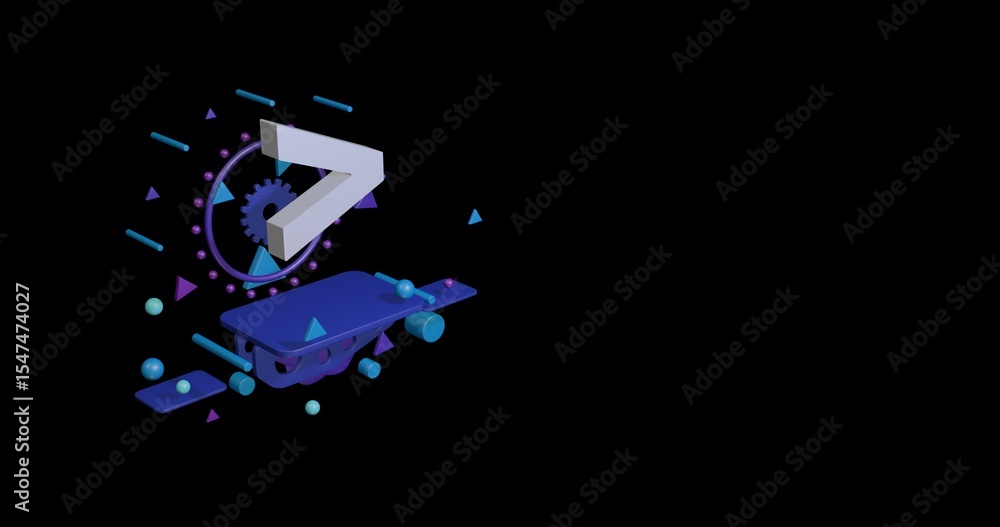 Poster white greater symbol on a pedestal of abstract geometric shapes floating in the air. abstract concep