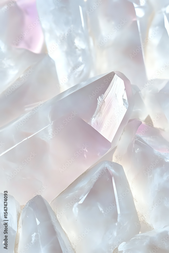 Poster luminous rose quartz crystals in macro view showing natural formations with soft pink and white hues