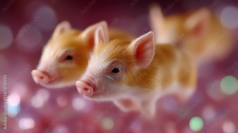 Poster two adorable pink piglets with curious expressions against blurred bokeh background in soft pink and
