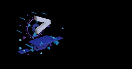 White greater symbol on a pedestal of abstract geometric shapes floating in the air. Abstract concept art with flying shapes on the left. 3d illustration on black background